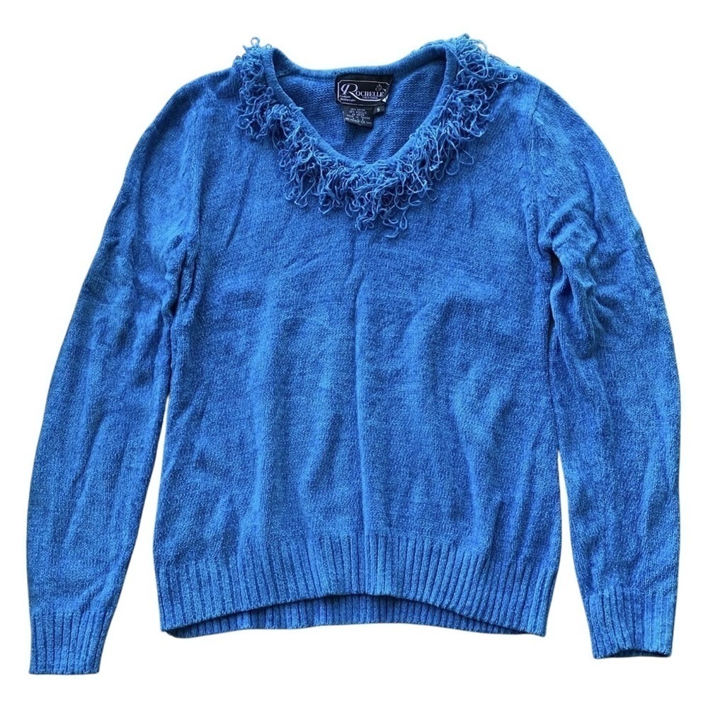 Vtg Rochelle California Chenille Fringe Knit Sweater Art Wear Blue Size Small